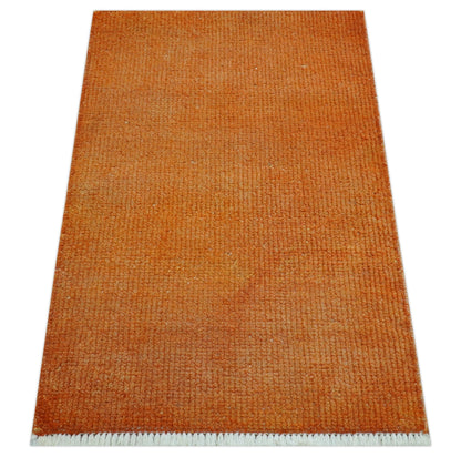 Custom Made Modern Solid Overdyed Orange Hand Knotted Wool Area Rug.