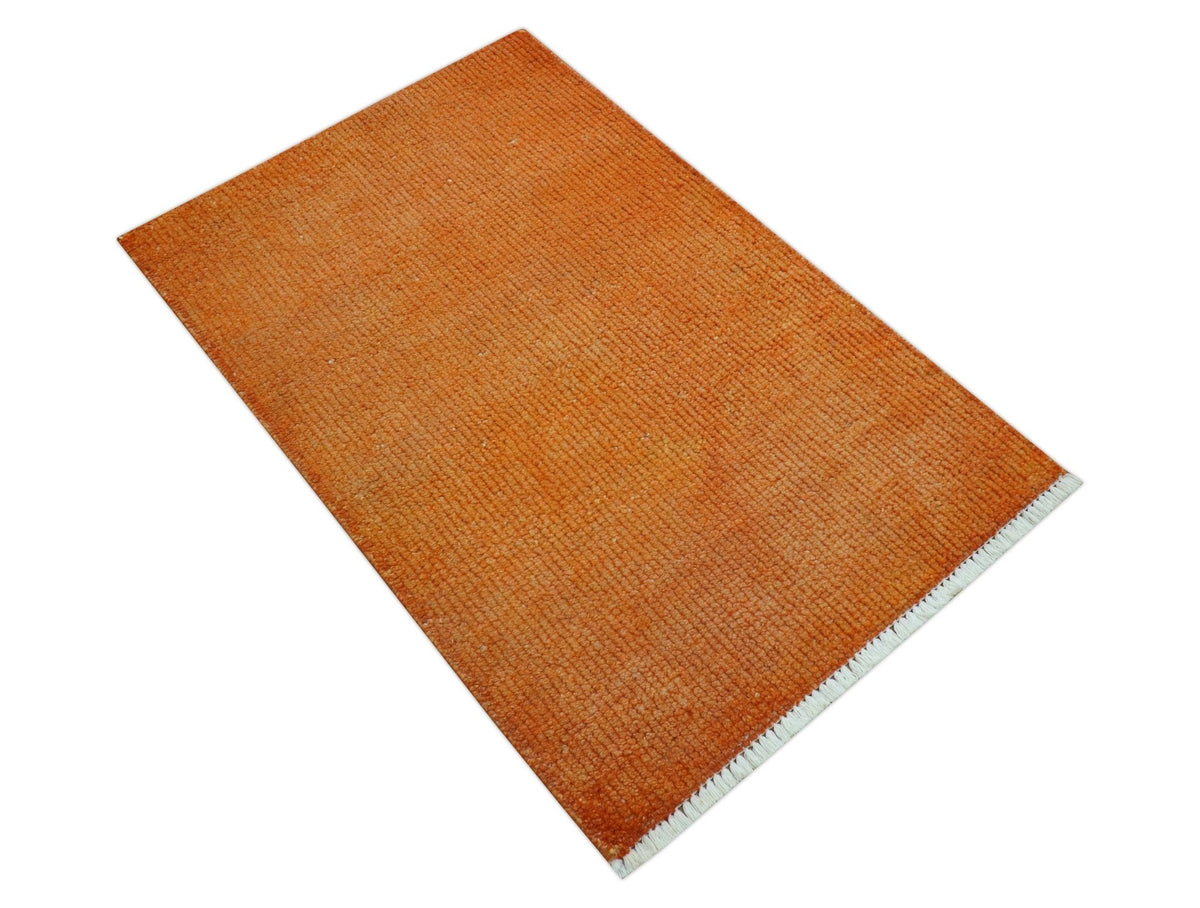 Custom Made Modern Solid Overdyed Orange Hand Knotted Wool Area Rug.