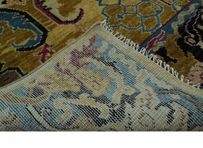 Custom Made Mustard and Teal transitional Dragon Oushak wool area rug.