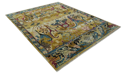Custom Made Mustard and Teal transitional Dragon Oushak wool area rug.