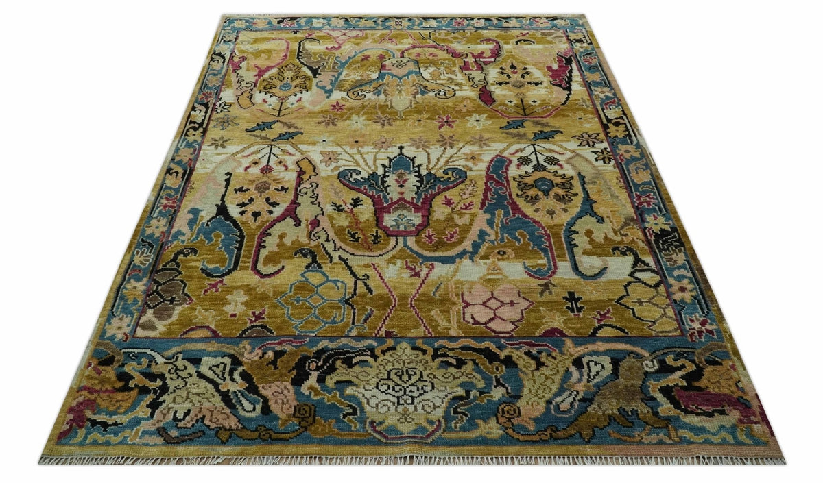 Custom Made Mustard and Teal transitional Dragon Oushak wool area rug.
