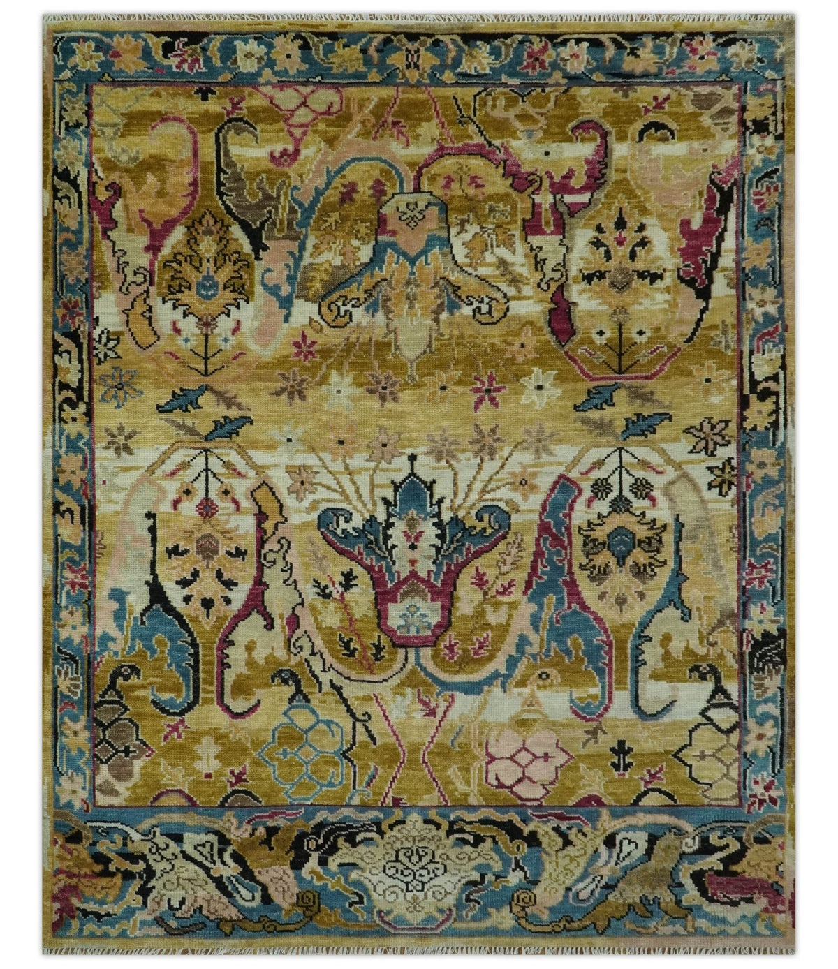 Custom Made Mustard and Teal transitional Dragon Oushak wool area rug.