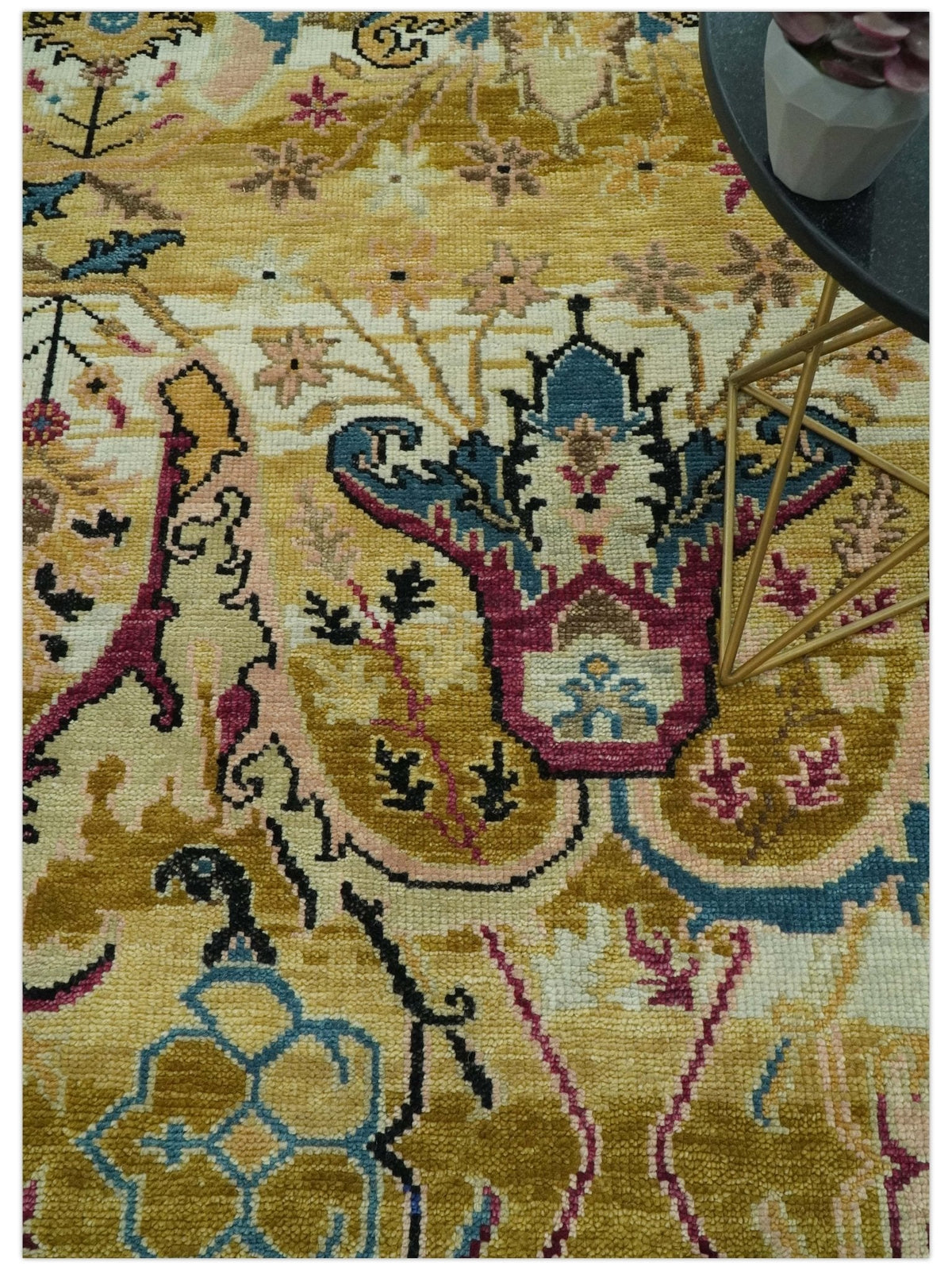 Custom Made Mustard and Teal transitional Dragon Oushak wool area rug.