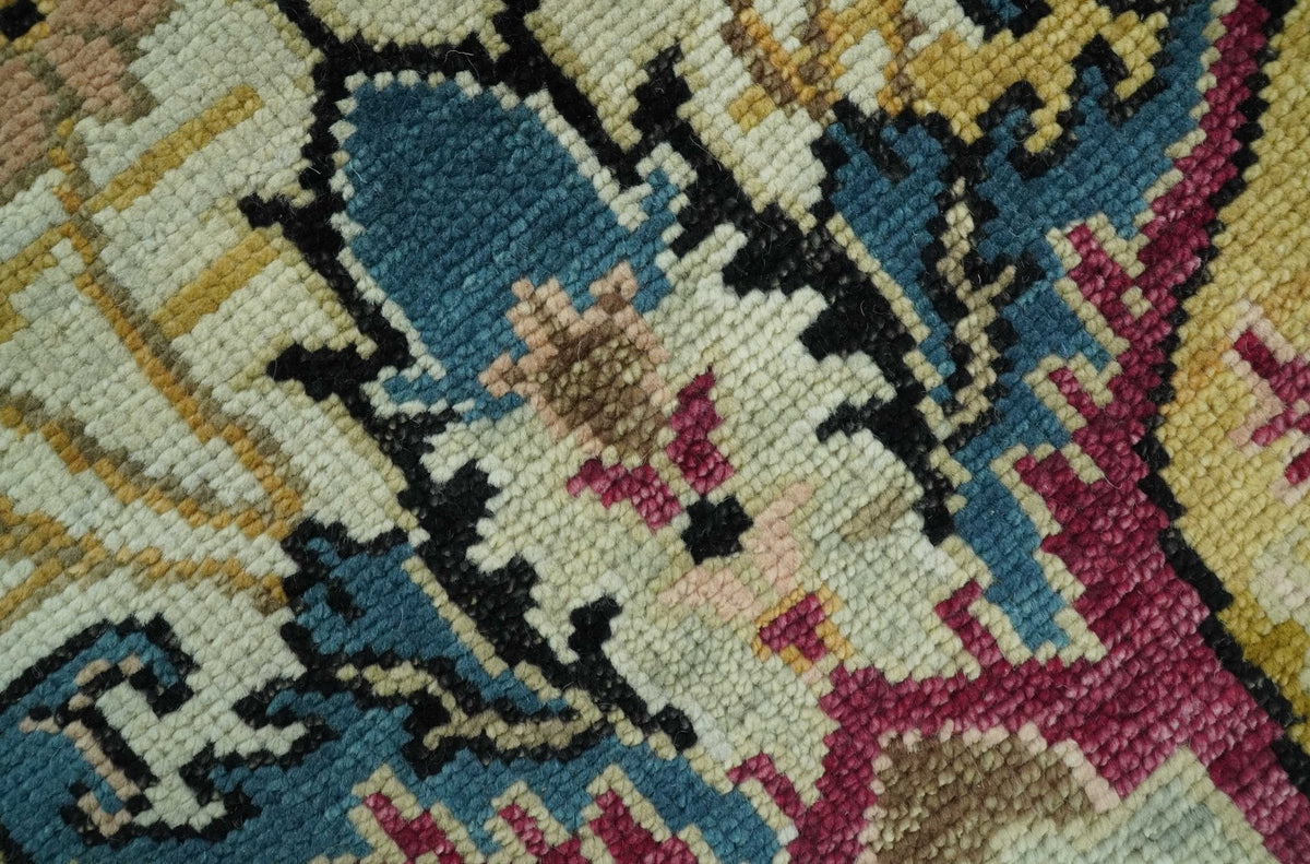 Custom Made Mustard and Teal transitional Dragon Oushak wool area rug.