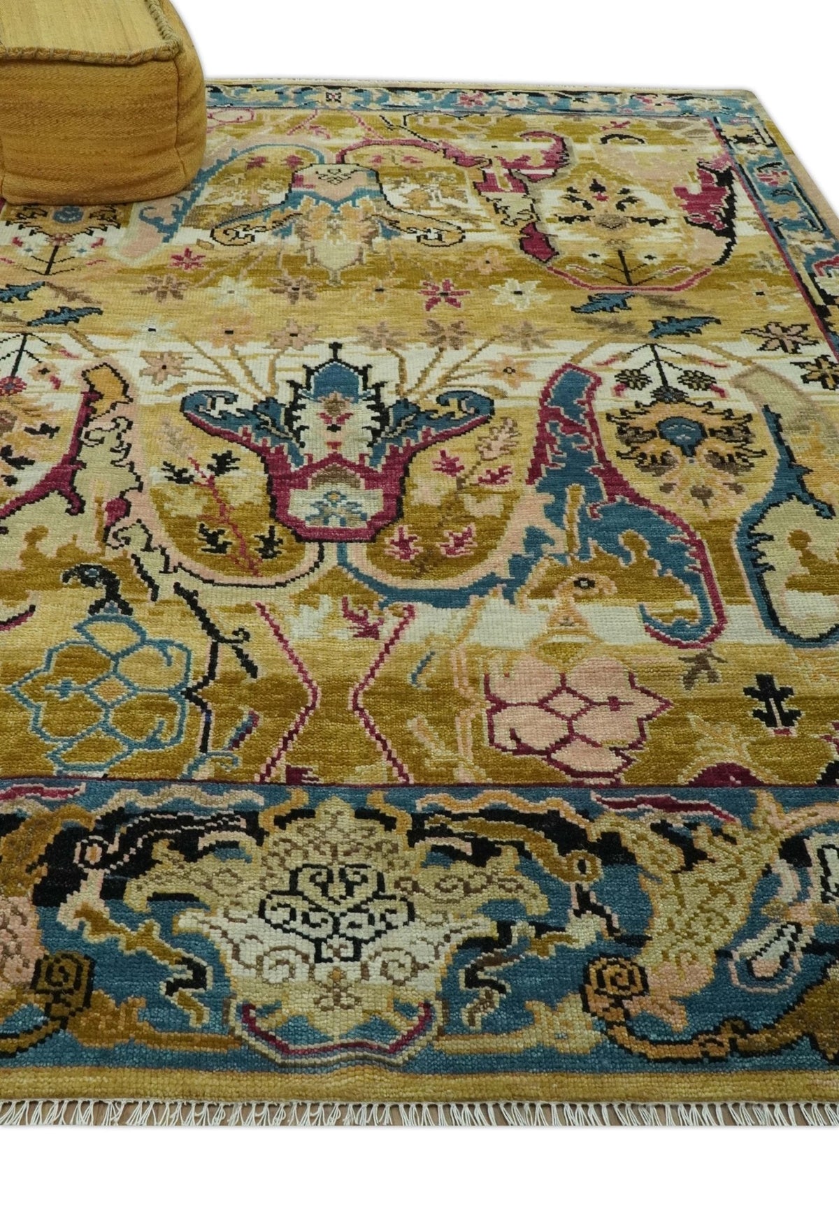 Custom Made Mustard and Teal transitional Dragon Oushak wool area rug.