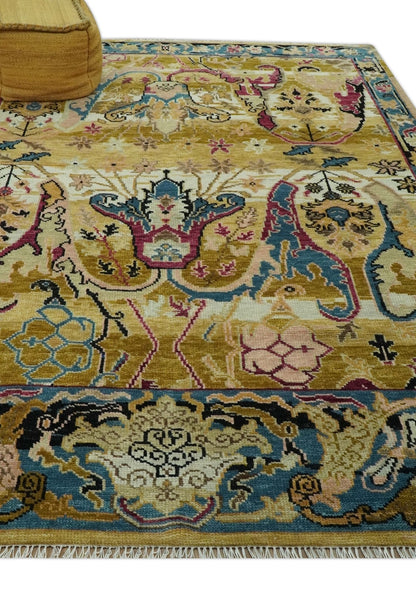 Custom Made Mustard and Teal transitional Dragon Oushak wool area rug.