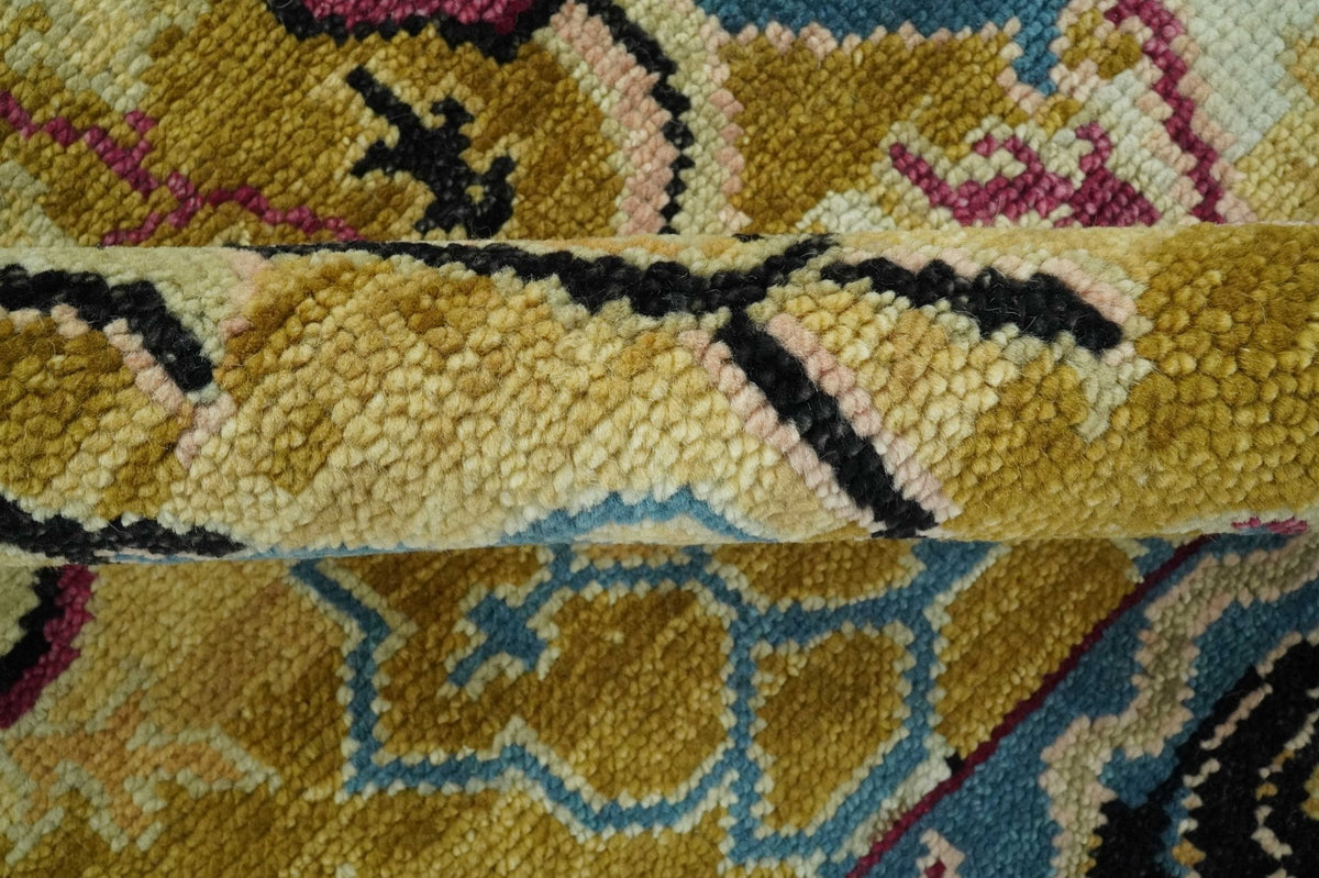 Custom Made Mustard and Teal transitional Dragon Oushak wool area rug.
