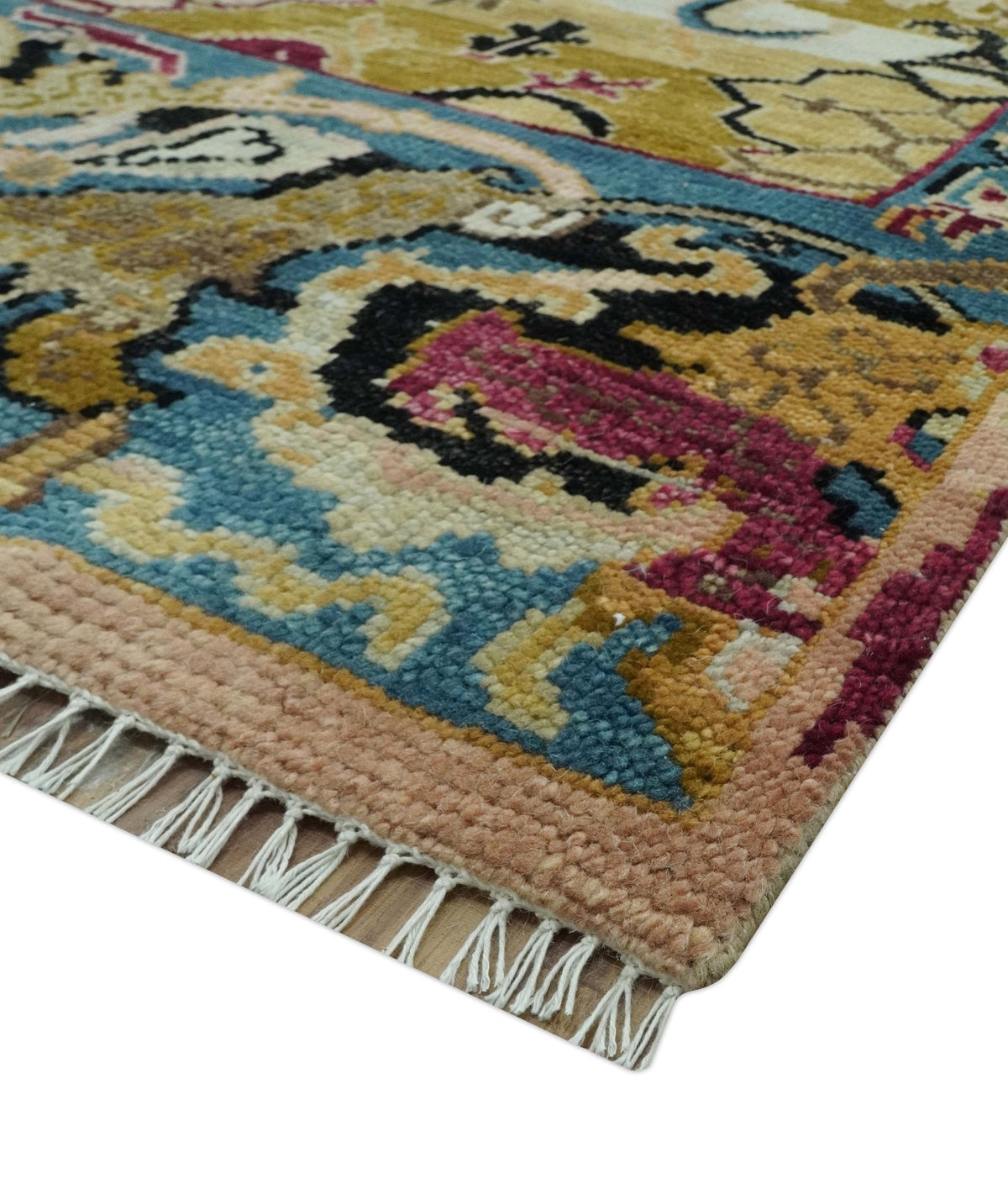 Custom Made Mustard and Teal transitional Dragon Oushak wool area rug.
