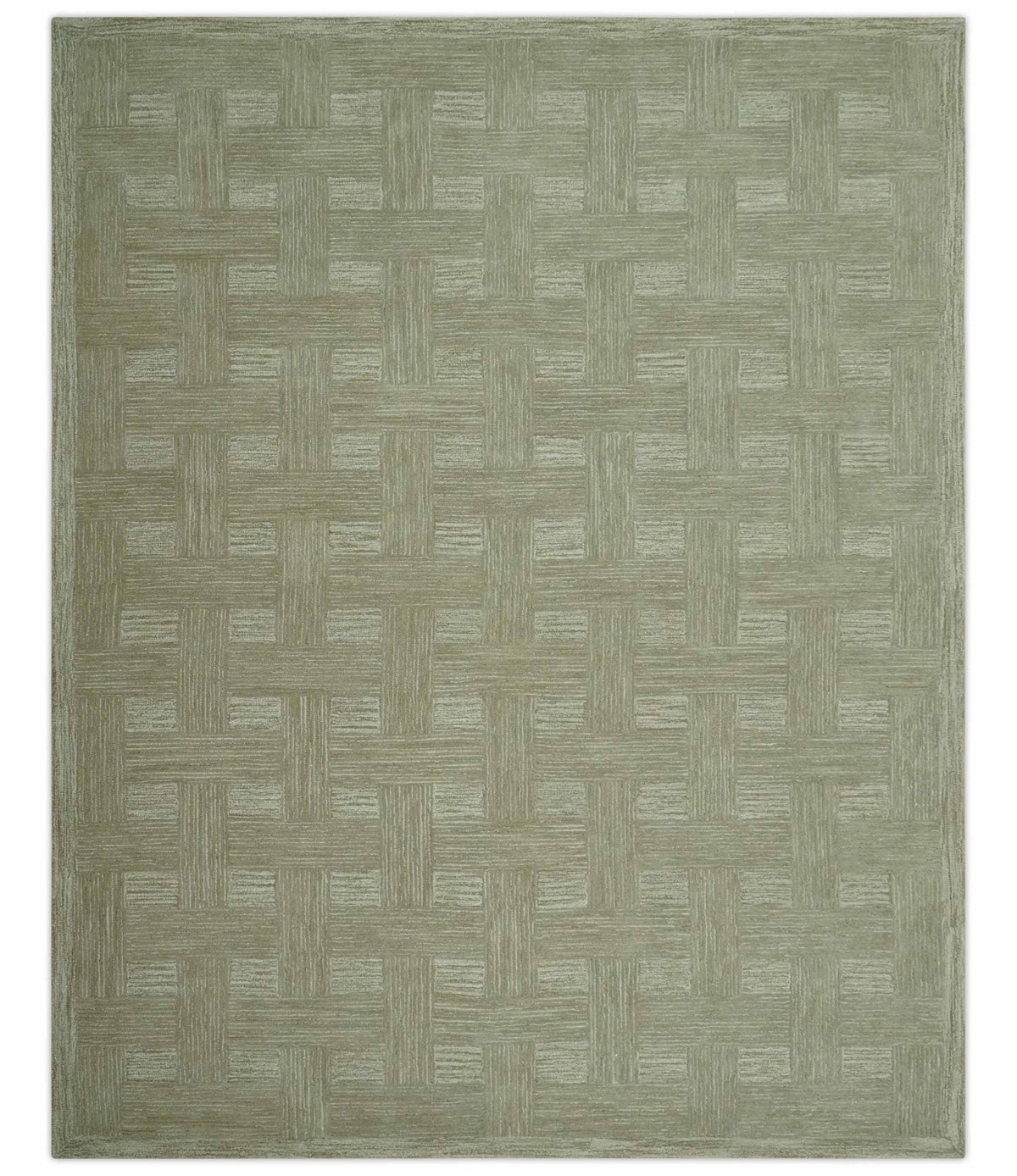Custom Made Olive and Ivory Modern Geometrical Hand Tufted wool rug.
