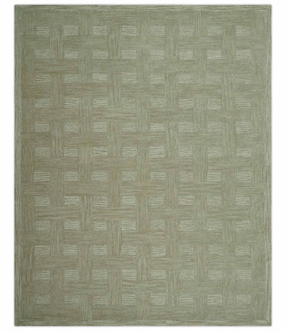 Custom Made Olive and Ivory Modern Geometrical Hand Tufted wool rug.