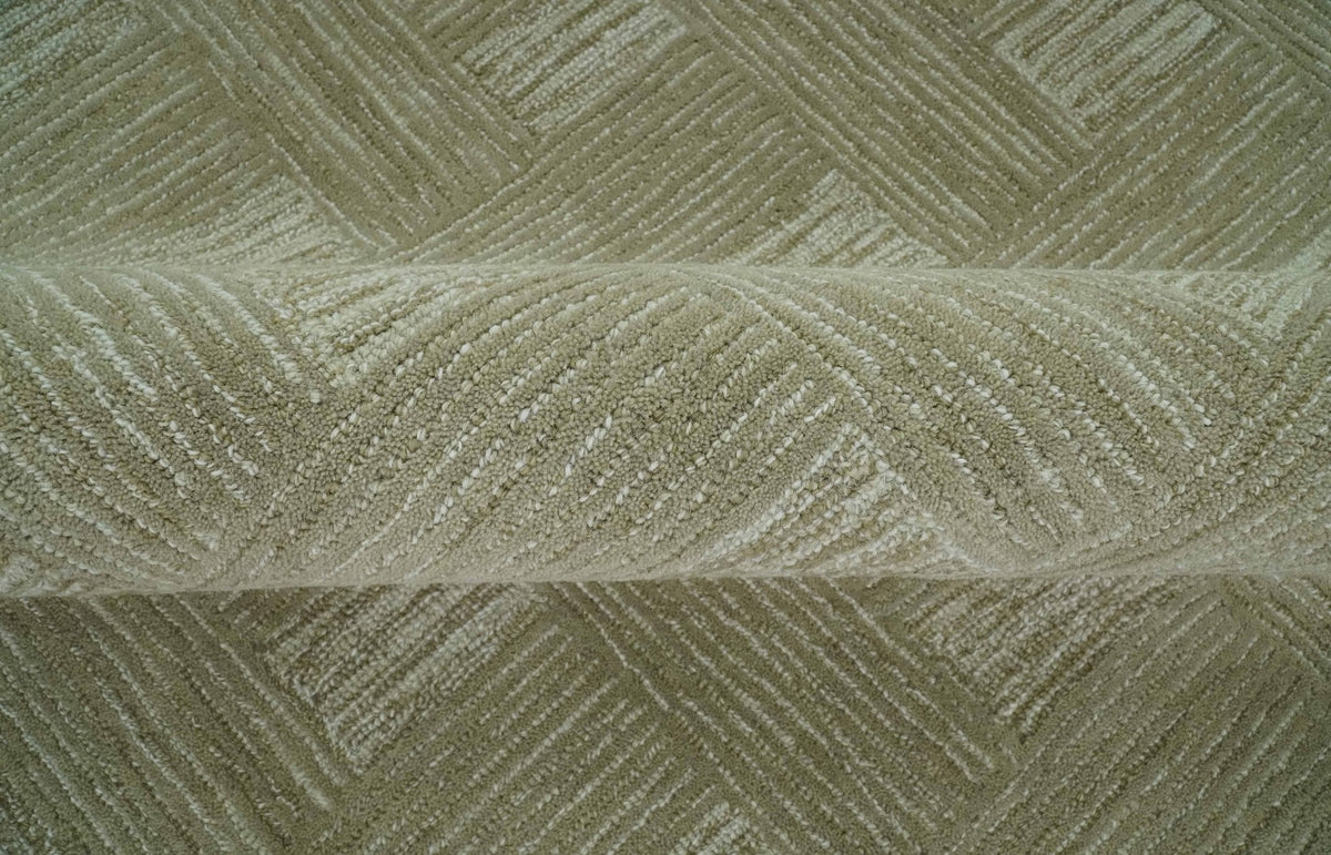Custom Made Olive and Ivory Modern Geometrical Hand Tufted wool rug.