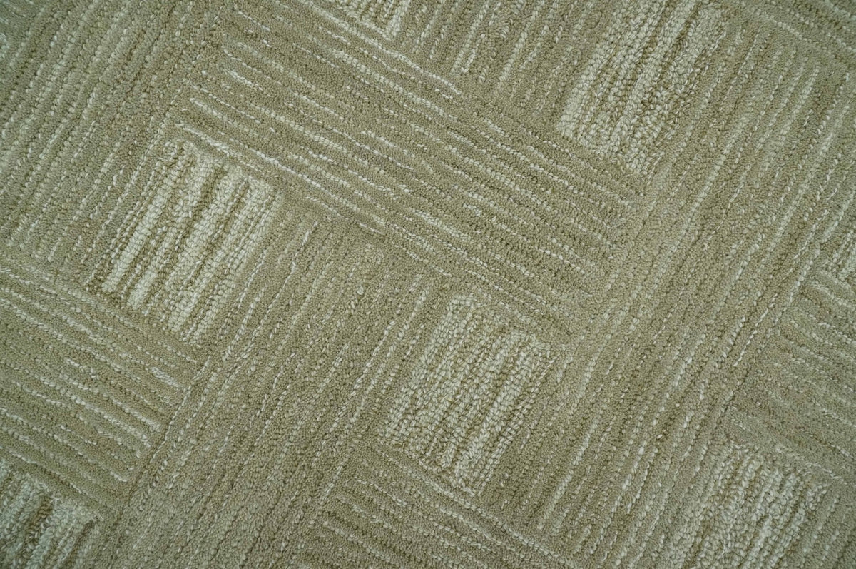 Custom Made Olive and Ivory Modern Geometrical Hand Tufted wool rug.