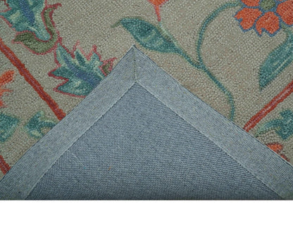 Custom Made Oriental Uzbek Design Floral Beige Hand Tufted Wool Area Rug.