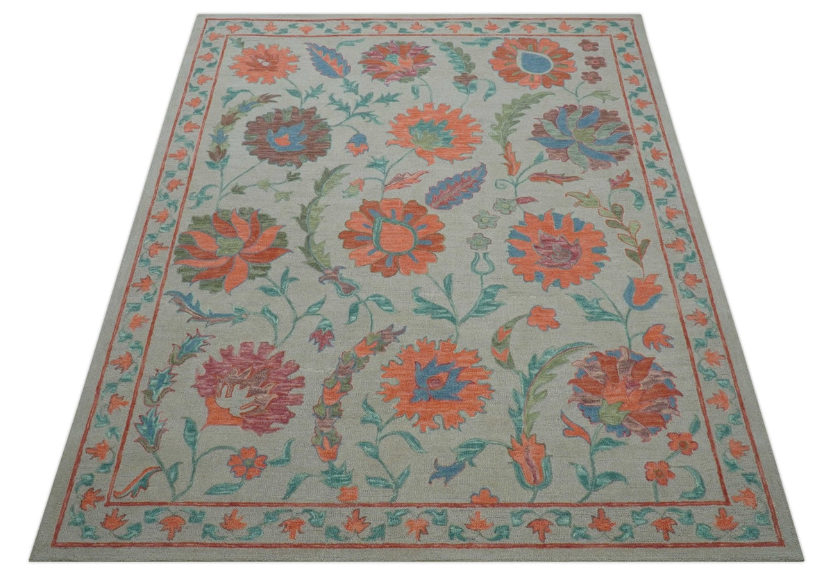 Custom Made Oriental Uzbek Design Floral Beige Hand Tufted Wool Area Rug.