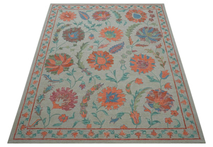Custom Made Oriental Uzbek Design Floral Beige Hand Tufted Wool Area Rug.