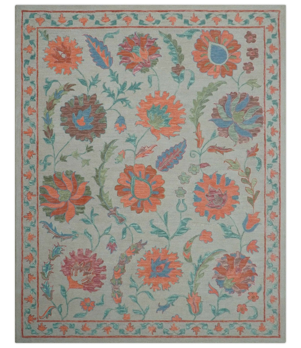 Custom Made Oriental Uzbek Design Floral Beige Hand Tufted Wool Area Rug.