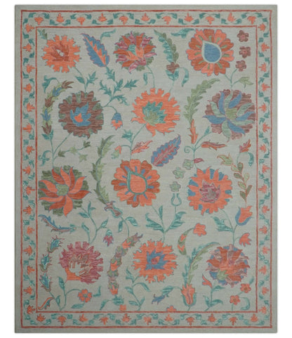 Custom Made Oriental Uzbek Design Floral Beige Hand Tufted Wool Area Rug.