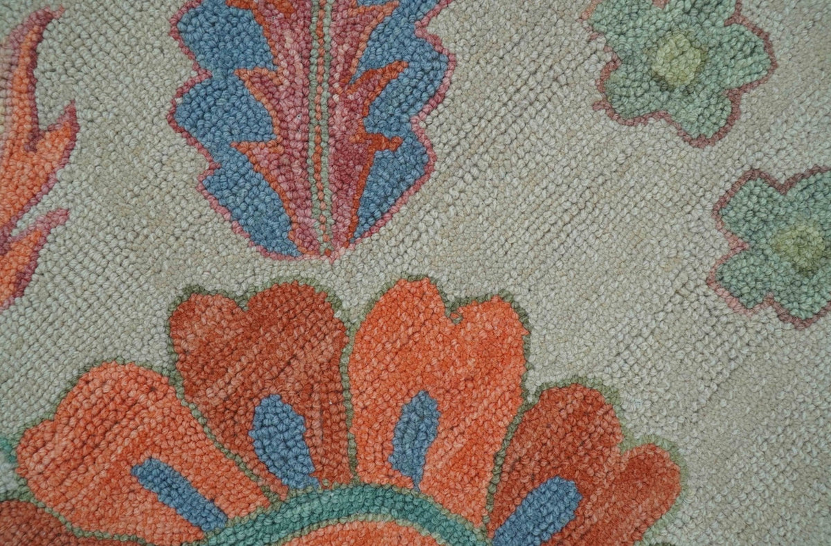 Custom Made Oriental Uzbek Design Floral Beige Hand Tufted Wool Area Rug.
