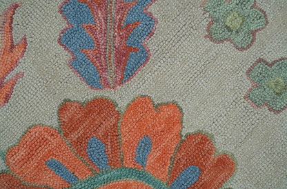 Custom Made Oriental Uzbek Design Floral Beige Hand Tufted Wool Area Rug.