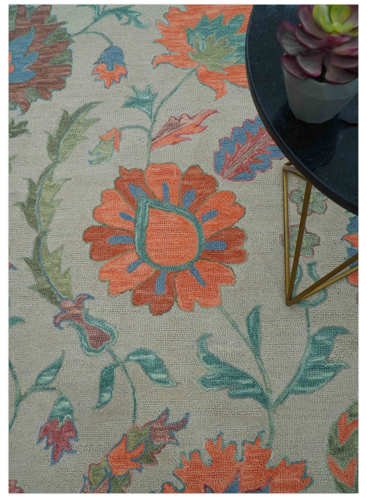 Custom Made Oriental Uzbek Design Floral Beige Hand Tufted Wool Area Rug.