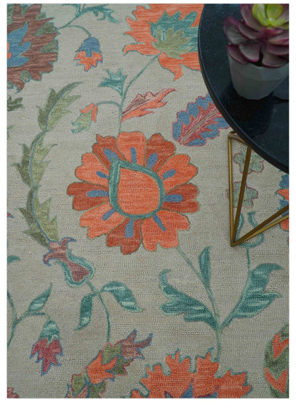 Custom Made Oriental Uzbek Design Floral Beige Hand Tufted Wool Area Rug.