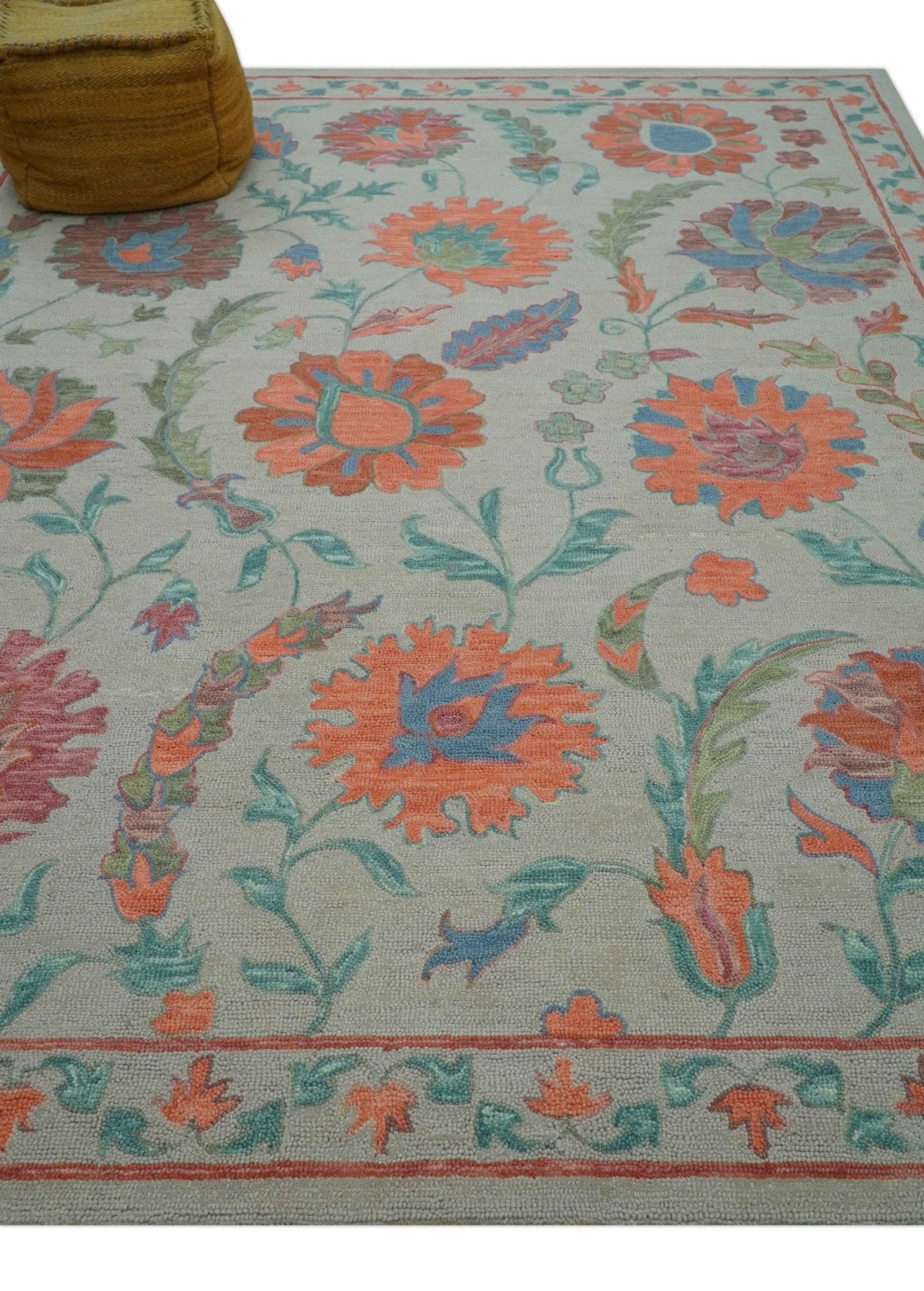 Custom Made Oriental Uzbek Design Floral Beige Hand Tufted Wool Area Rug.