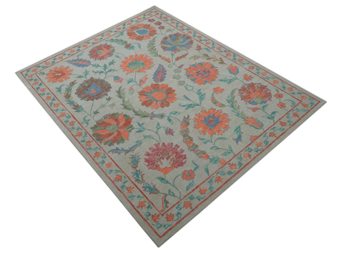Custom Made Oriental Uzbek Design Floral Beige Hand Tufted Wool Area Rug.