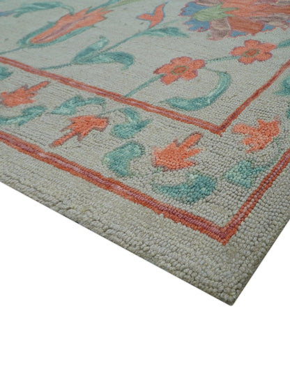 Custom Made Oriental Uzbek Design Floral Beige Hand Tufted Wool Area Rug.