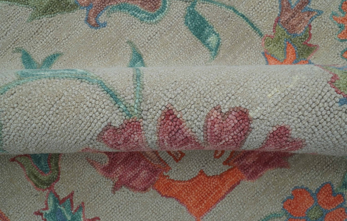 Custom Made Oriental Uzbek Design Floral Beige Hand Tufted Wool Area Rug.