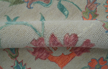 Custom Made Oriental Uzbek Design Floral Beige Hand Tufted Wool Area Rug.