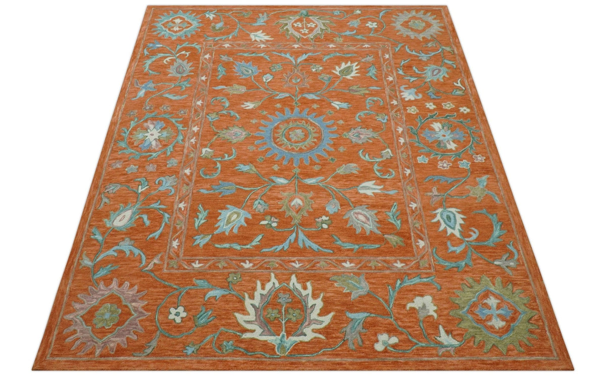 Custom Made Oriental Uzbek Design Floral Rust Hand Tufted Wool Area Rug.