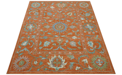 Custom Made Oriental Uzbek Design Floral Rust Hand Tufted Wool Area Rug.