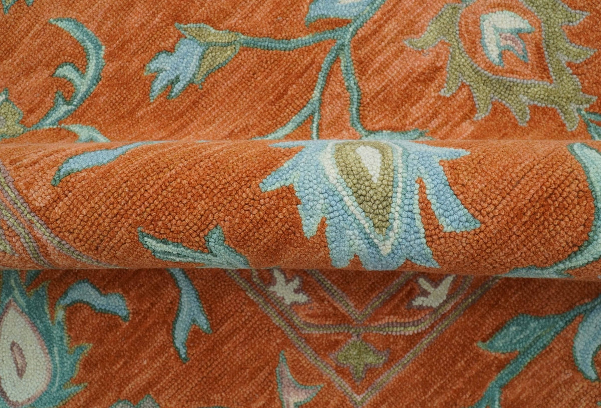 Custom Made Oriental Uzbek Design Floral Rust Hand Tufted Wool Area Rug.