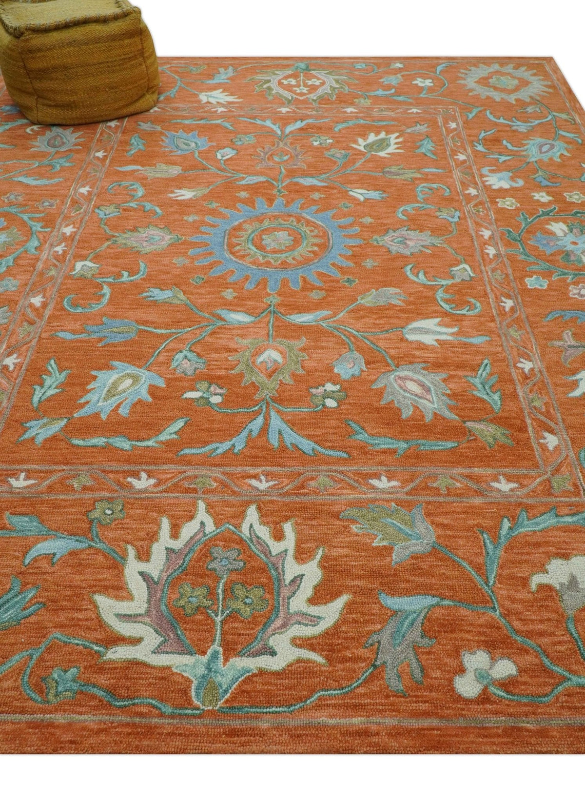 Custom Made Oriental Uzbek Design Floral Rust Hand Tufted Wool Area Rug.