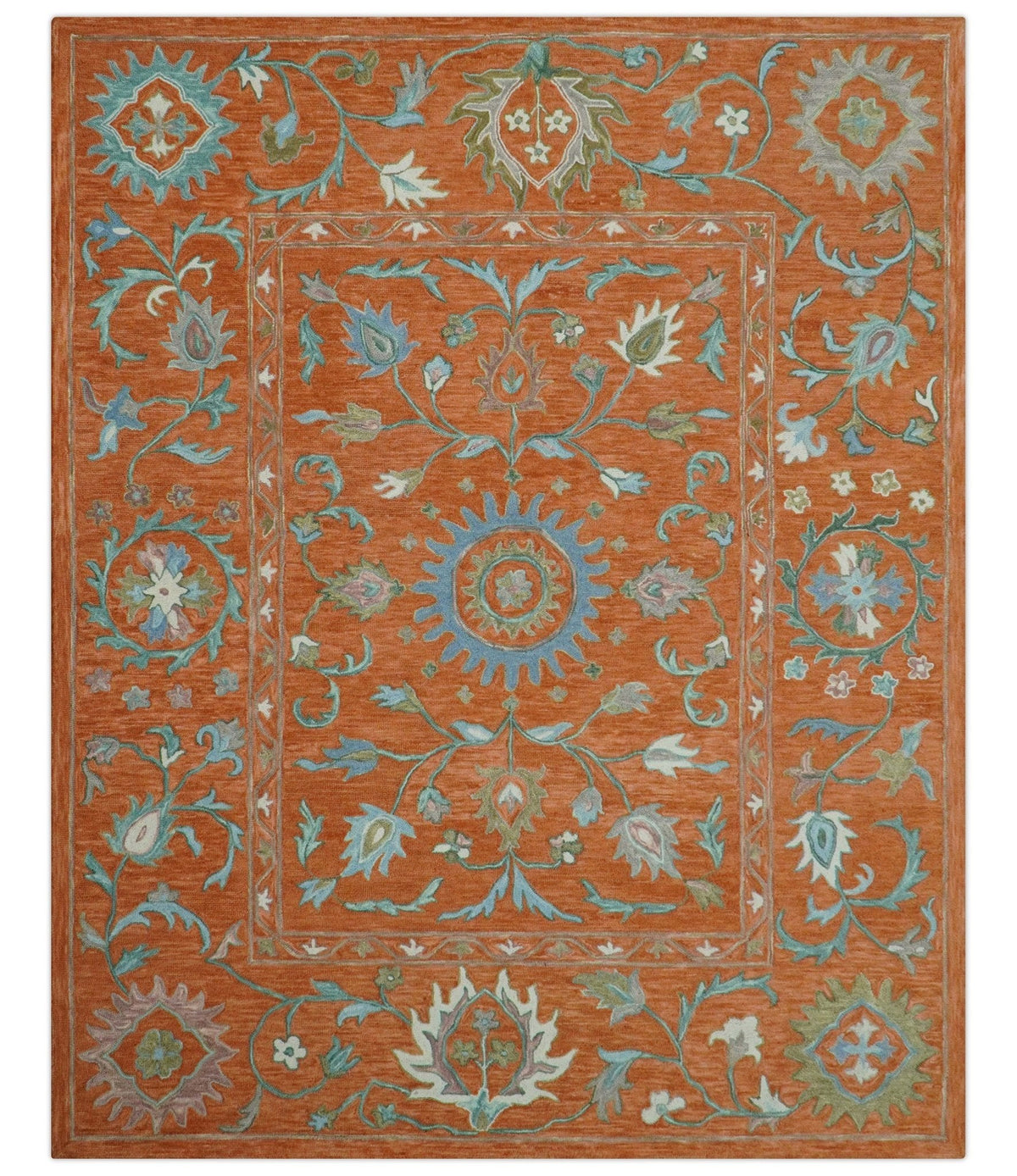 Custom Made Oriental Uzbek Design Floral Rust Hand Tufted Wool Area Rug.