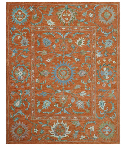 Custom Made Oriental Uzbek Design Floral Rust Hand Tufted Wool Area Rug.
