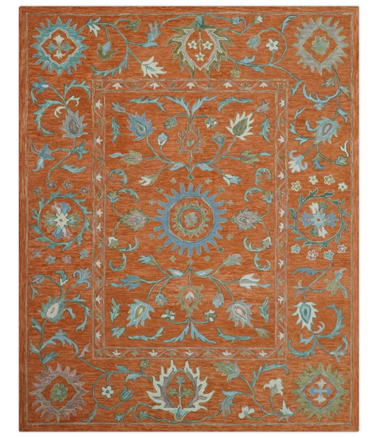 Custom Made Oriental Uzbek Design Floral Rust Hand Tufted Wool Area Rug.