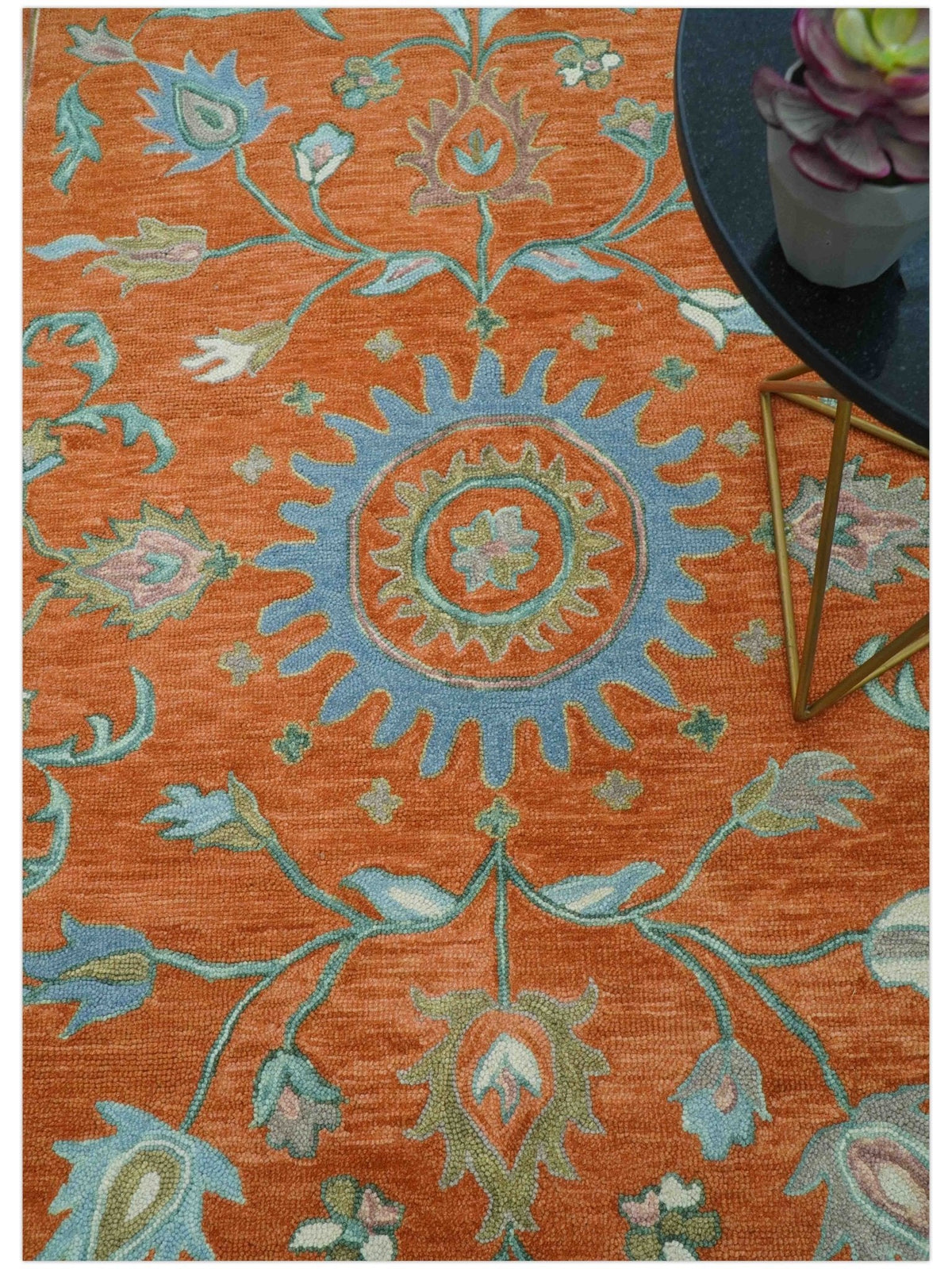 Custom Made Oriental Uzbek Design Floral Rust Hand Tufted Wool Area Rug.