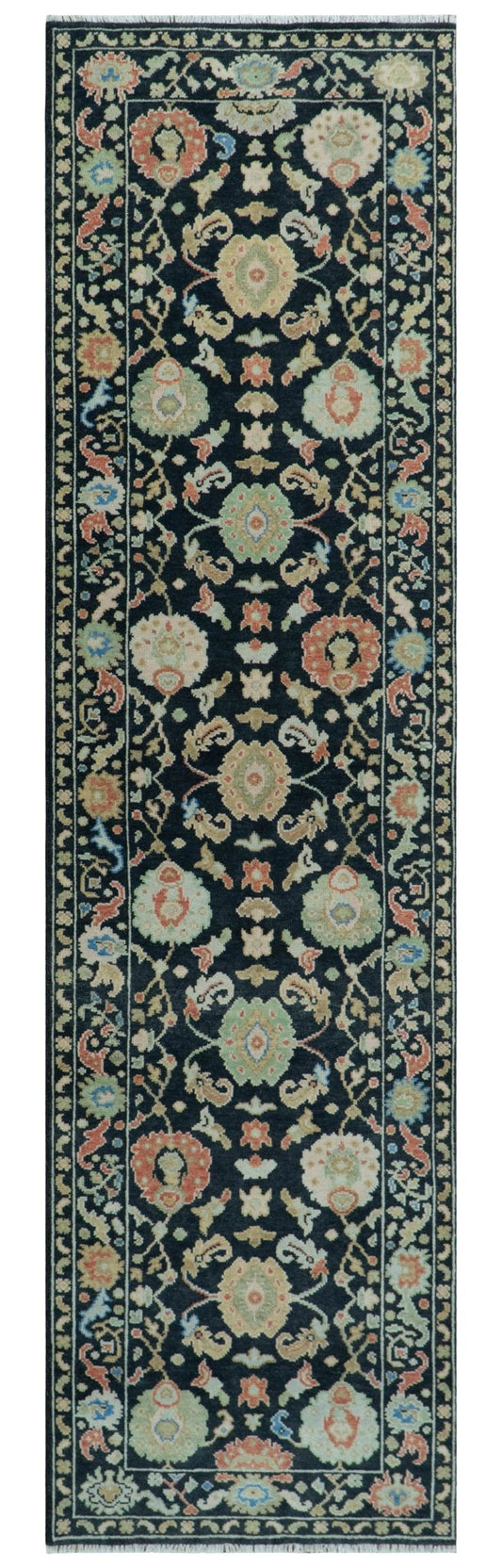 Custom Made Oushak Black And Rust Hand Knotted Runner Wool Rug.