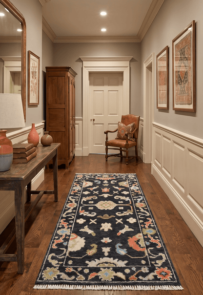 Custom Made Oushak Black And Rust Hand Knotted Runner Wool Rug.