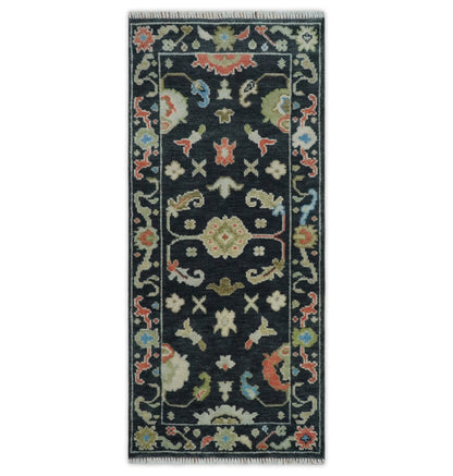 Custom Made Oushak Black And Rust Hand Knotted Runner Wool Rug.