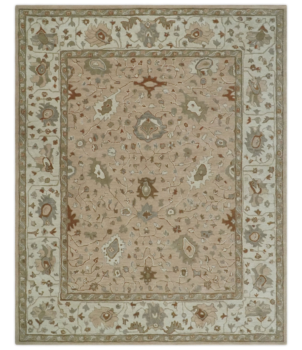Custom Made Oushak Design Tufted Peach, Ivory and Olive Traditional Rug.