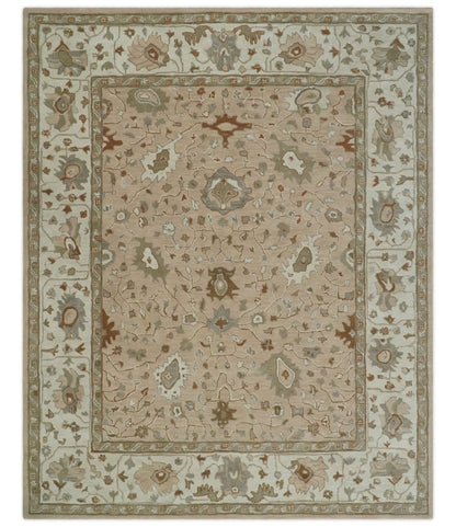 Custom Made Oushak Design Tufted Peach, Ivory and Olive Traditional Rug.