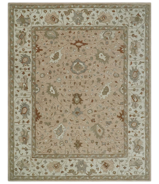 Custom Made Oushak Design Tufted Peach, Ivory and Olive Traditional Rug.