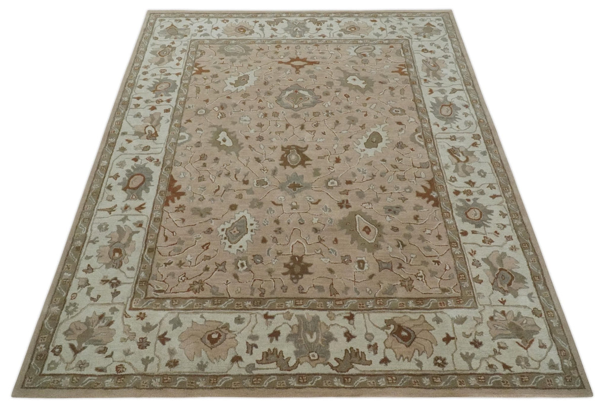 Custom Made Oushak Design Tufted Peach, Ivory and Olive Traditional Rug.