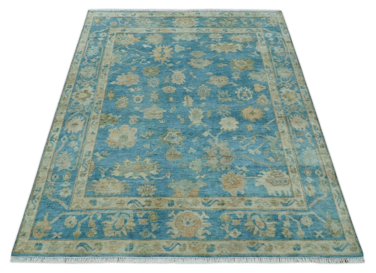 Custom Made Oushak Hand Knotted Blue and Beige Traditional Wool Rug.