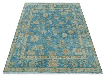 Custom Made Oushak Hand Knotted Blue and Beige Traditional Wool Rug.