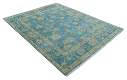 Custom Made Oushak Hand Knotted Blue and Beige Traditional Wool Rug.
