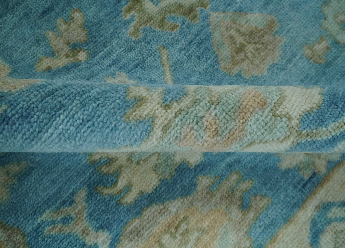 Custom Made Oushak Hand Knotted Blue and Beige Traditional Wool Rug.