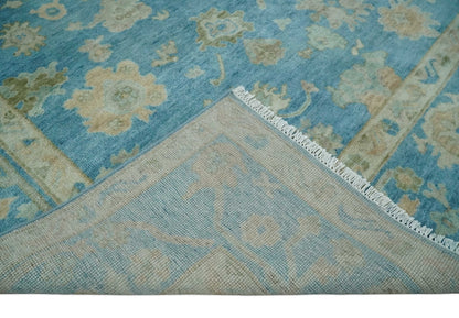 Custom Made Oushak Hand Knotted Blue and Beige Traditional Wool Rug.